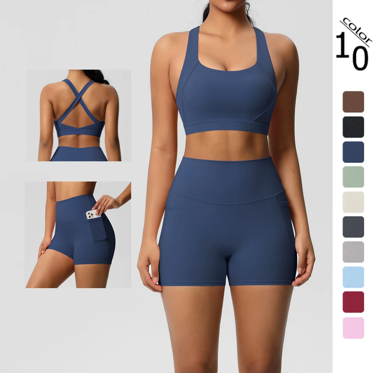 2-Piece Yoga Set with Pockets – Crossover Bra & Leggings